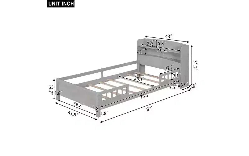 TUYOHW Wooden Twin Size Bed Frame, Platform Bed Frame with LED Storage Headboard & Safety Guardrails, Storage Bed Bookcase Bed