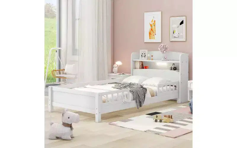 TUYOHW Wooden Twin Size Bed Frame, Platform Bed Frame with LED Storage Headboard & Safety Guardrails, Storage Bed Bookcase Bed
