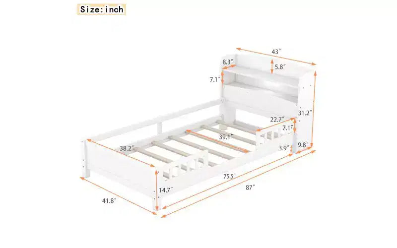 TUYOHW Wooden Twin Size Bed Frame, Platform Bed Frame with LED Storage Headboard & Safety Guardrails, Storage Bed Bookcase Bed