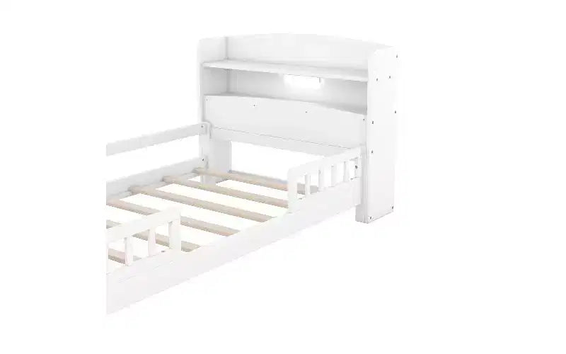 TUYOHW Wooden Twin Size Bed Frame, Platform Bed Frame with LED Storage Headboard & Safety Guardrails, Storage Bed Bookcase Bed
