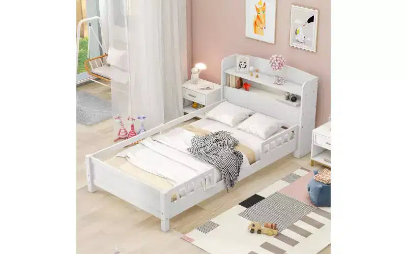 TUYOHW Wooden Twin Size Bed Frame, Platform Bed Frame with LED Storage Headboard & Safety Guardrails, Storage Bed Bookcase Bed