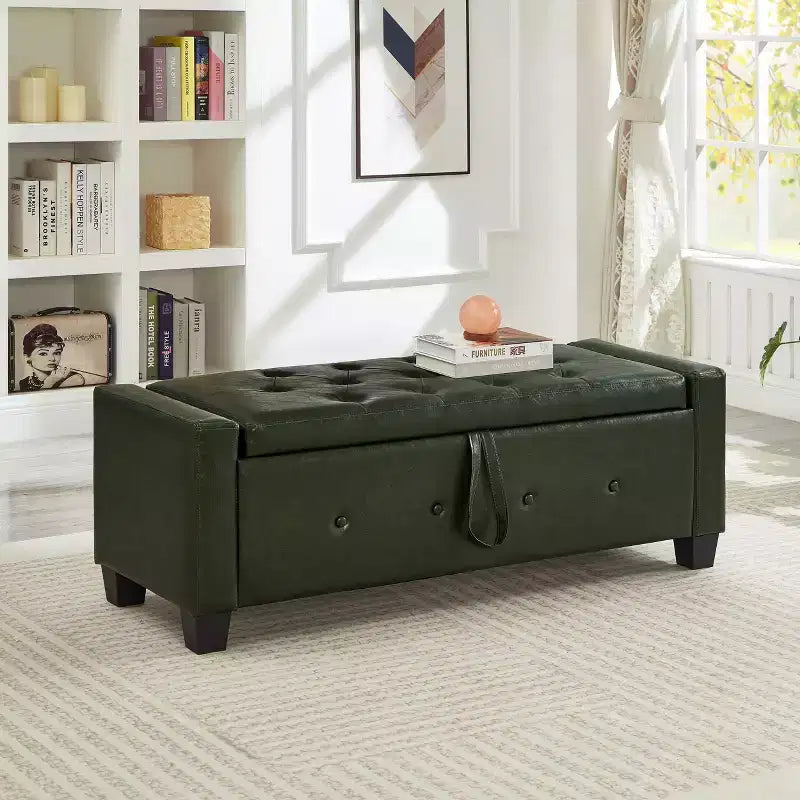 TUYOHW Modern Storage Bench with Button Tufted PU Upholstered Ottoman with Storage Entryway Bench with Flip Top End of Bed Bench for Living Room