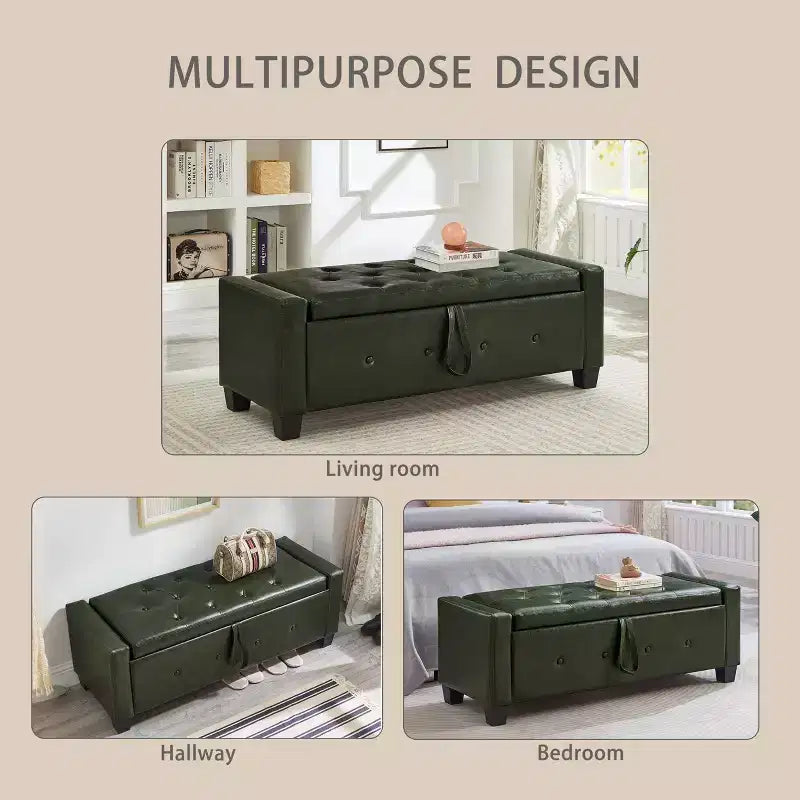 TUYOHW Modern Storage Bench with Button Tufted PU Upholstered Ottoman with Storage Entryway Bench with Flip Top End of Bed Bench for Living Room
