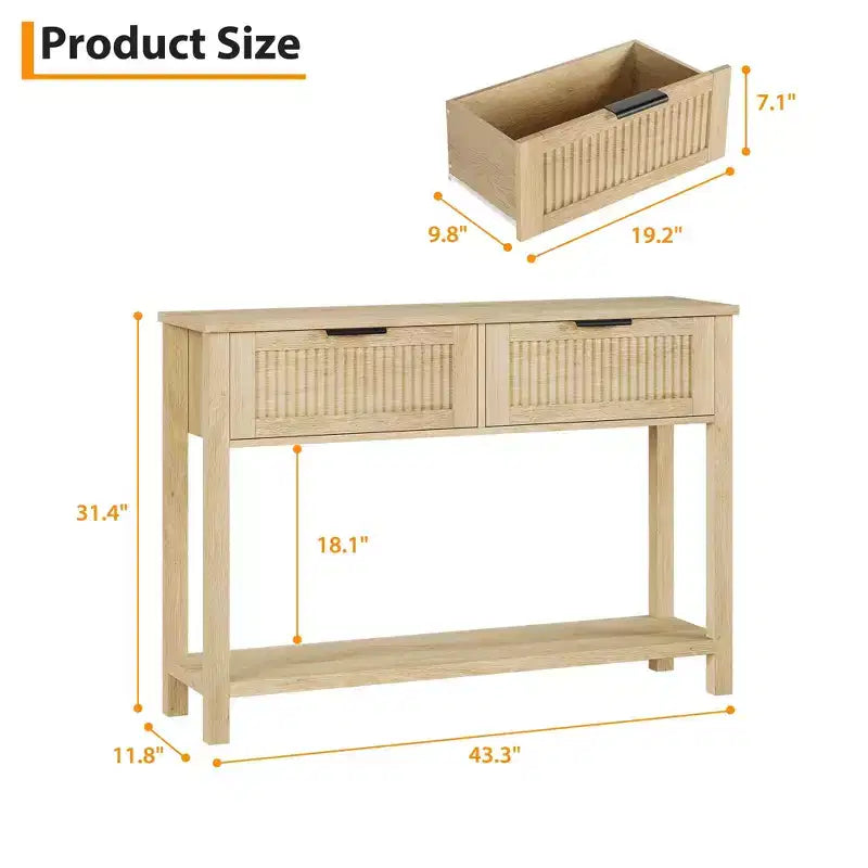 43 Farmhouse Wooden Entryway Console Table  Burlywood 2-Drawer, 2-Tier Sofa Table with Storage for Living Room and Foyer