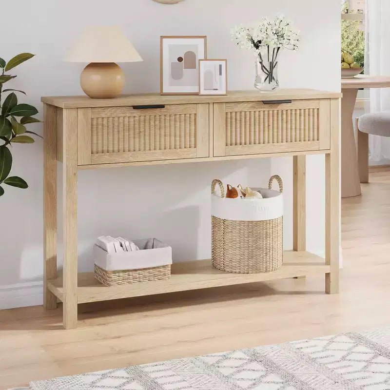 43 Farmhouse Wooden Entryway Console Table  Burlywood 2-Drawer, 2-Tier Sofa Table with Storage for Living Room and Foyer