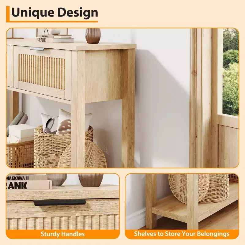 43 Farmhouse Wooden Entryway Console Table  Burlywood 2-Drawer, 2-Tier Sofa Table with Storage for Living Room and Foyer