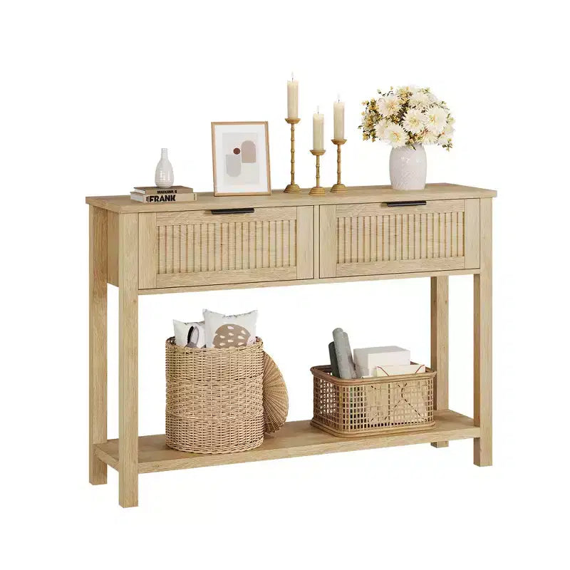 43 Farmhouse Wooden Entryway Console Table  Burlywood 2-Drawer, 2-Tier Sofa Table with Storage for Living Room and Foyer