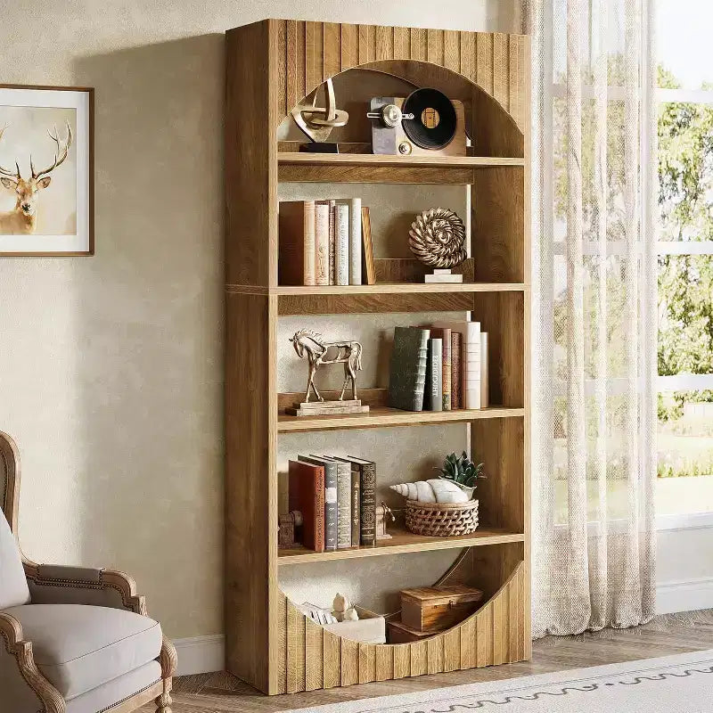 Lantine 70.8-Inch 5-Tier Tall Bookshelf, Farmhouse Wooden Bookcase with Fluted Arched Top for Living Room and Home Office