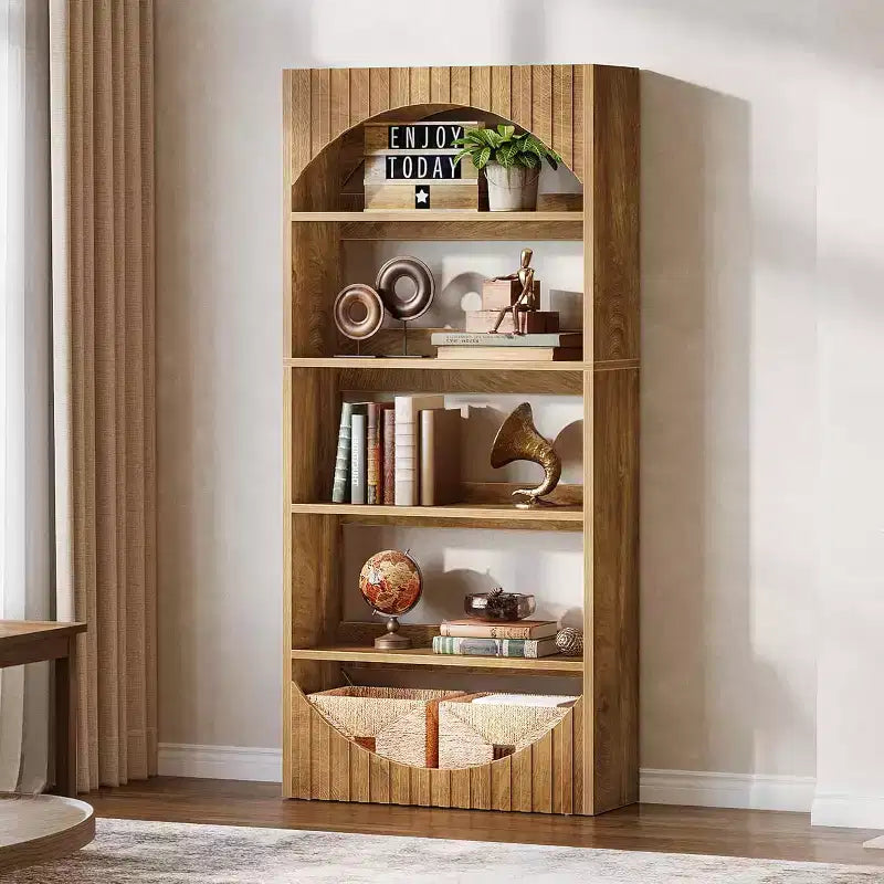 Lantine 70.8-Inch 5-Tier Tall Bookshelf, Farmhouse Wooden Bookcase with Fluted Arched Top for Living Room and Home Office