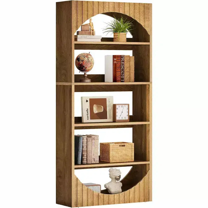 Lantine 70.8-Inch 5-Tier Tall Bookshelf, Farmhouse Wooden Bookcase with Fluted Arched Top for Living Room and Home Office