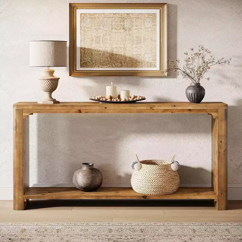 Lantine 63-Inch Solid Wood Console Table, Farmhouse Style 2-Tier Storage for Living Room, Entryway, Foyer, Behind Sofa, Rustic Brown