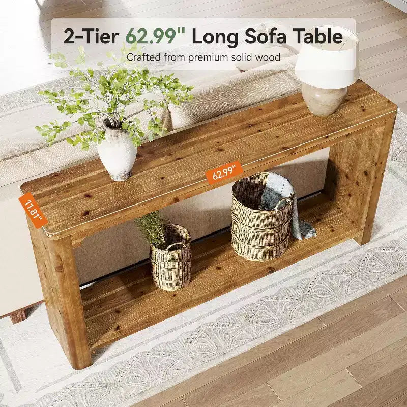 Lantine 63-Inch Solid Wood Console Table, Farmhouse Style 2-Tier Storage for Living Room, Entryway, Foyer, Behind Sofa, Rustic Brown