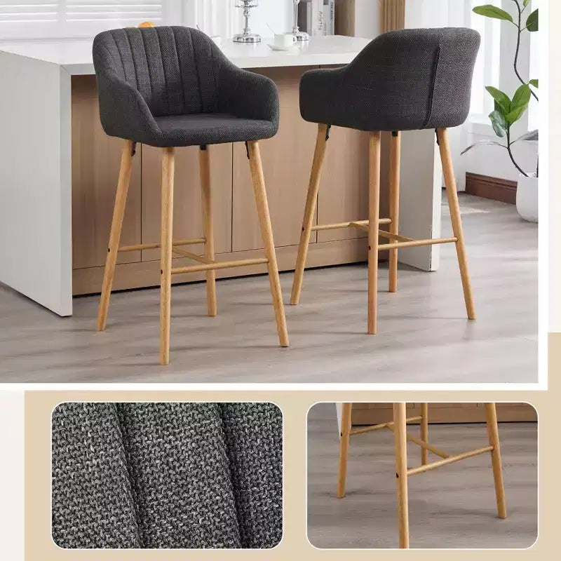 TUYOHW Modern Solid Wood Bar Stools Set of 2,Kitchen Island Tall Chairs with Armrest & Footrest,Soft Linen Fabric Counter Height Bar Stools
