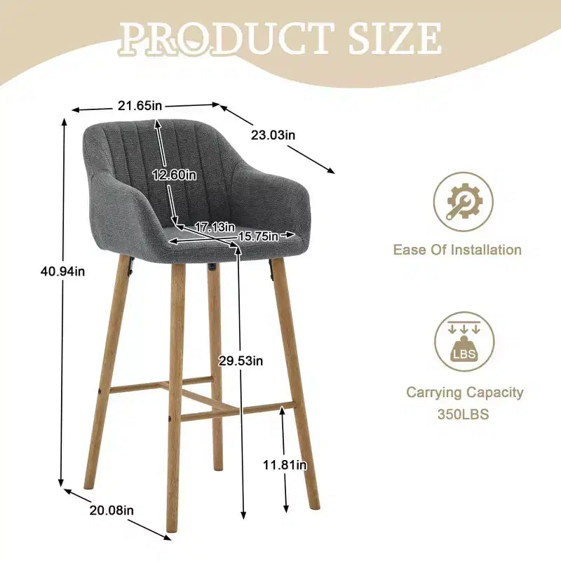 TUYOHW Modern Solid Wood Bar Stools Set of 2,Kitchen Island Tall Chairs with Armrest & Footrest,Soft Linen Fabric Counter Height Bar Stools