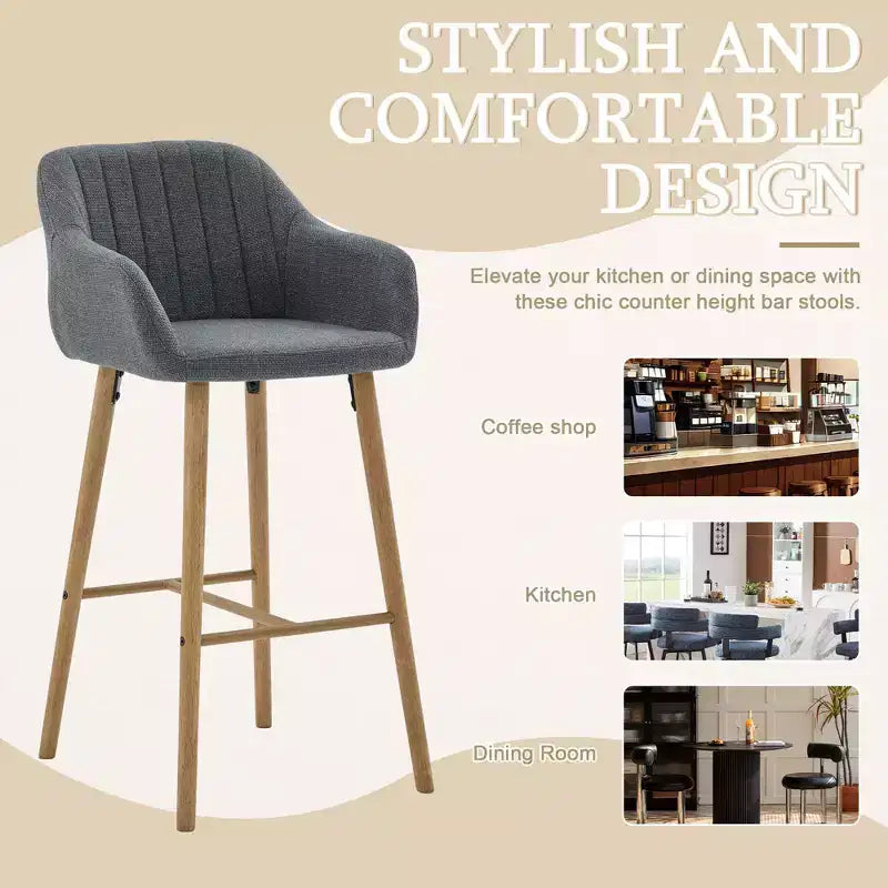TUYOHW Modern Solid Wood Bar Stools Set of 2,Kitchen Island Tall Chairs with Armrest & Footrest,Soft Linen Fabric Counter Height Bar Stools