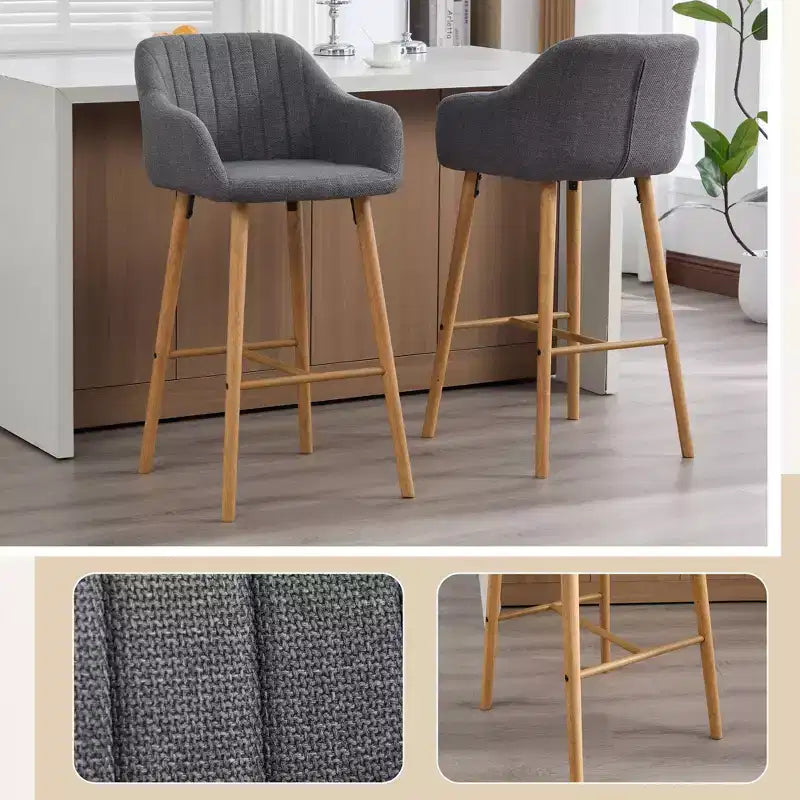 TUYOHW Modern Solid Wood Bar Stools Set of 2,Kitchen Island Tall Chairs with Armrest & Footrest,Soft Linen Fabric Counter Height Bar Stools