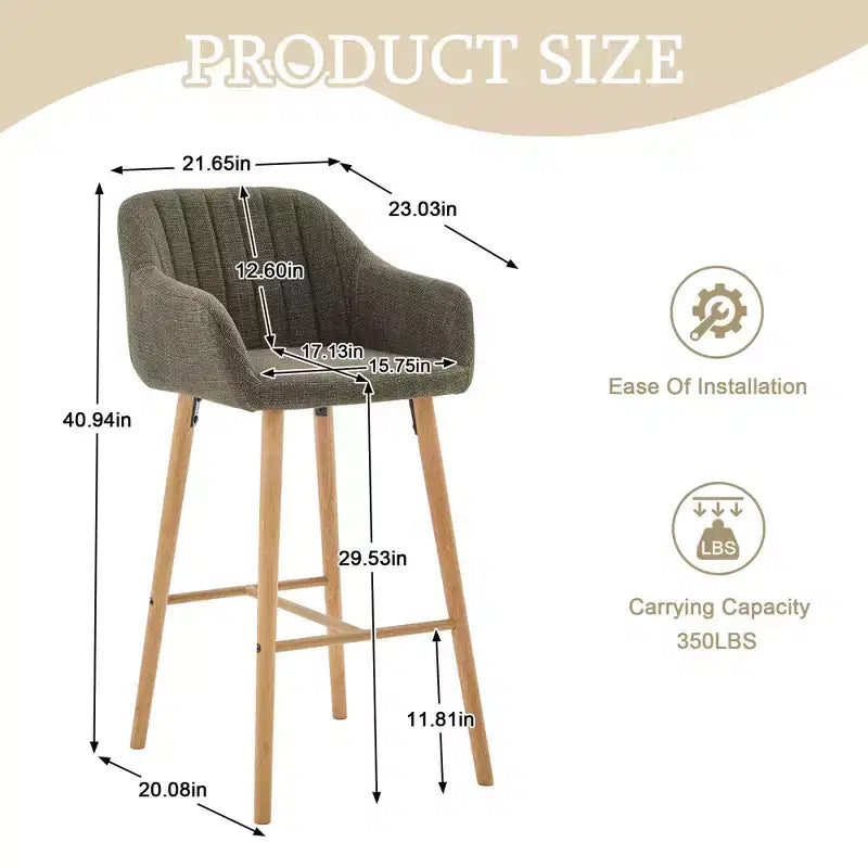 TUYOHW Modern Solid Wood Bar Stools Set of 2,Kitchen Island Tall Chairs with Armrest & Footrest,Soft Linen Fabric Counter Height Bar Stools