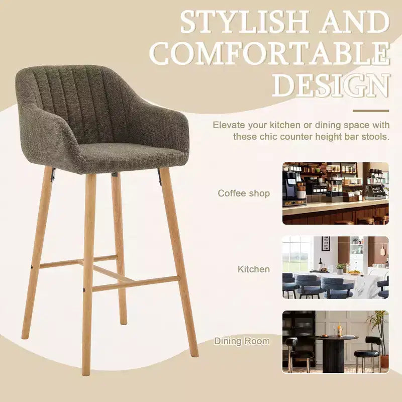 TUYOHW Modern Solid Wood Bar Stools Set of 2,Kitchen Island Tall Chairs with Armrest & Footrest,Soft Linen Fabric Counter Height Bar Stools