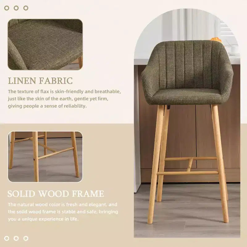 TUYOHW Modern Solid Wood Bar Stools Set of 2,Kitchen Island Tall Chairs with Armrest & Footrest,Soft Linen Fabric Counter Height Bar Stools