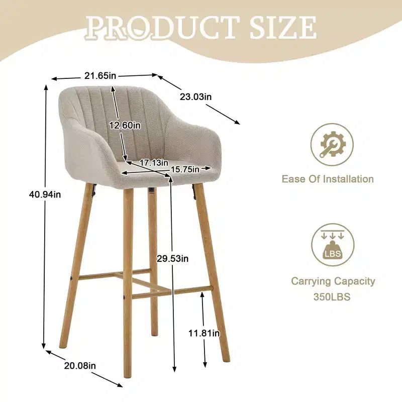 TUYOHW Modern Solid Wood Bar Stools Set of 2,Kitchen Island Tall Chairs with Armrest & Footrest,Soft Linen Fabric Counter Height Bar Stools