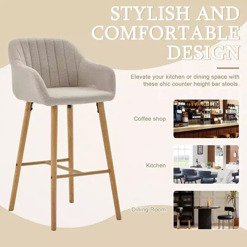 TUYOHW Modern Solid Wood Bar Stools Set of 2,Kitchen Island Tall Chairs with Armrest & Footrest,Soft Linen Fabric Counter Height Bar Stools