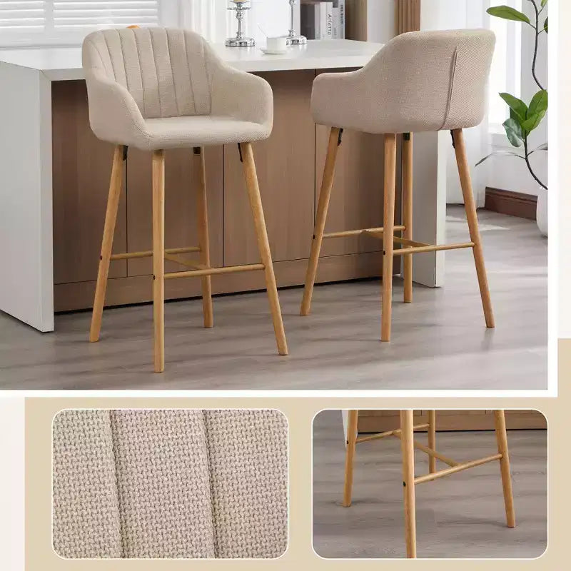 TUYOHW Modern Solid Wood Bar Stools Set of 2,Kitchen Island Tall Chairs with Armrest & Footrest,Soft Linen Fabric Counter Height Bar Stools