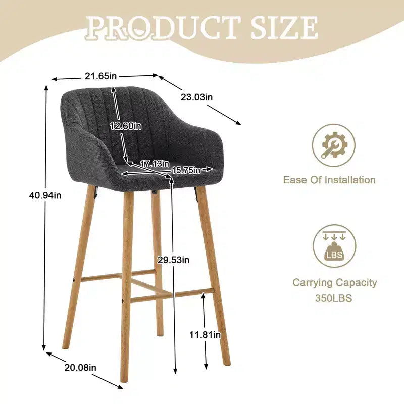 TUYOHW Modern Solid Wood Bar Stools Set of 2,Kitchen Island Tall Chairs with Armrest & Footrest,Soft Linen Fabric Counter Height Bar Stools