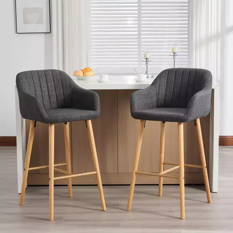 TUYOHW Modern Solid Wood Bar Stools Set of 2,Kitchen Island Tall Chairs with Armrest & Footrest,Soft Linen Fabric Counter Height Bar Stools
