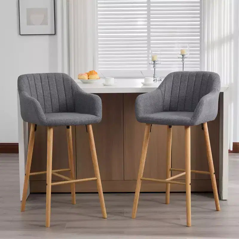 TUYOHW Modern Solid Wood Bar Stools Set of 2,Kitchen Island Tall Chairs with Armrest & Footrest,Soft Linen Fabric Counter Height Bar Stools
