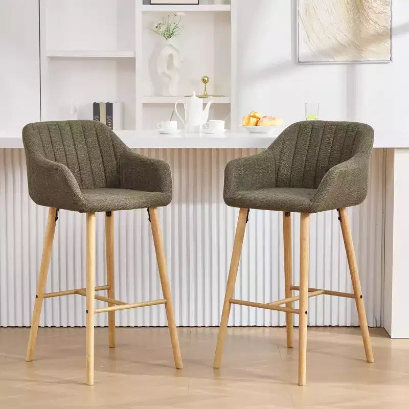 TUYOHW Modern Solid Wood Bar Stools Set of 2,Kitchen Island Tall Chairs with Armrest & Footrest,Soft Linen Fabric Counter Height Bar Stools