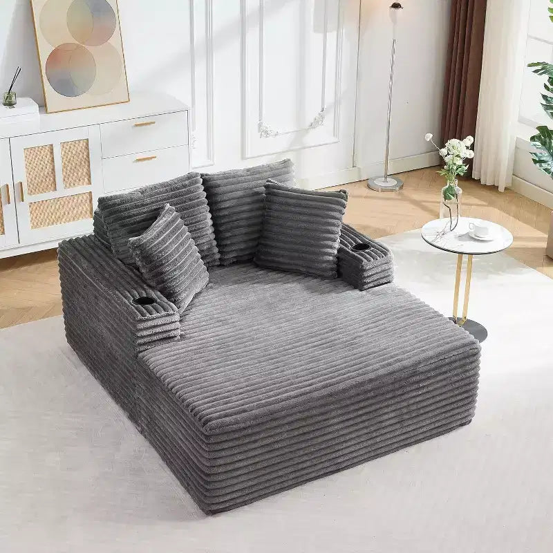 Fauteuil de salon surdimensionné de 162 cm, canapé-lit sans armature en velours côtelé avec 2 oreillers et 2 porte-gobelets, aucun assemblage requis, beige/gris/vert/noir