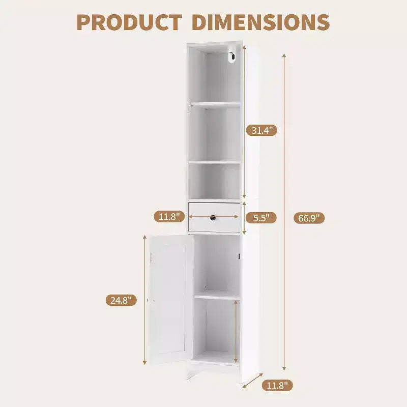 66 Tall Narrow Storage Cabinet with Adjustable Shelves & Drawer- Space Saving Freestanding Organizer for Bathroom, Kitchen, Entryway