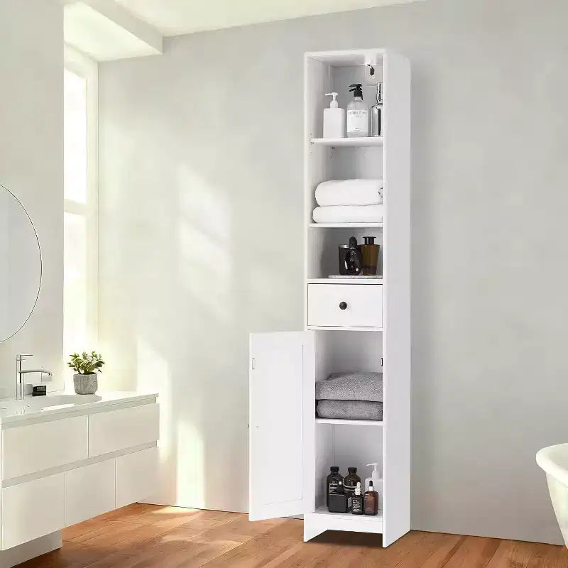 66 Tall Narrow Storage Cabinet with Adjustable Shelves & Drawer- Space Saving Freestanding Organizer for Bathroom, Kitchen, Entryway