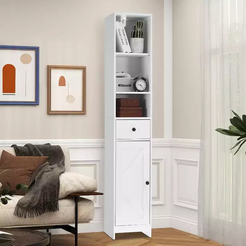 66 Tall Narrow Storage Cabinet with Adjustable Shelves & Drawer- Space Saving Freestanding Organizer for Bathroom, Kitchen, Entryway
