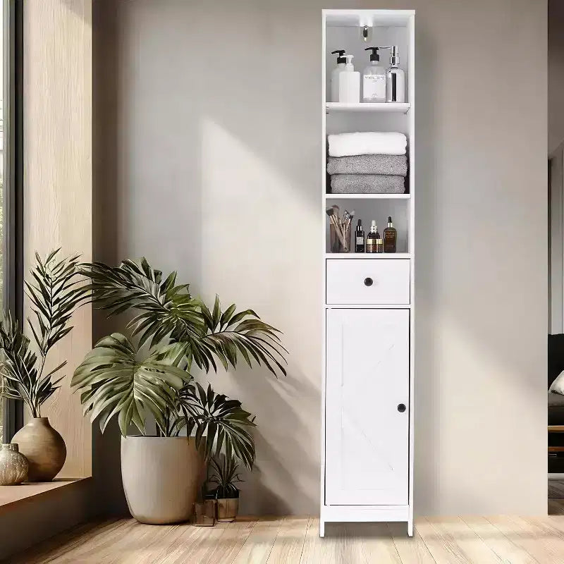 66 Tall Narrow Storage Cabinet with Adjustable Shelves & Drawer- Space Saving Freestanding Organizer for Bathroom, Kitchen, Entryway