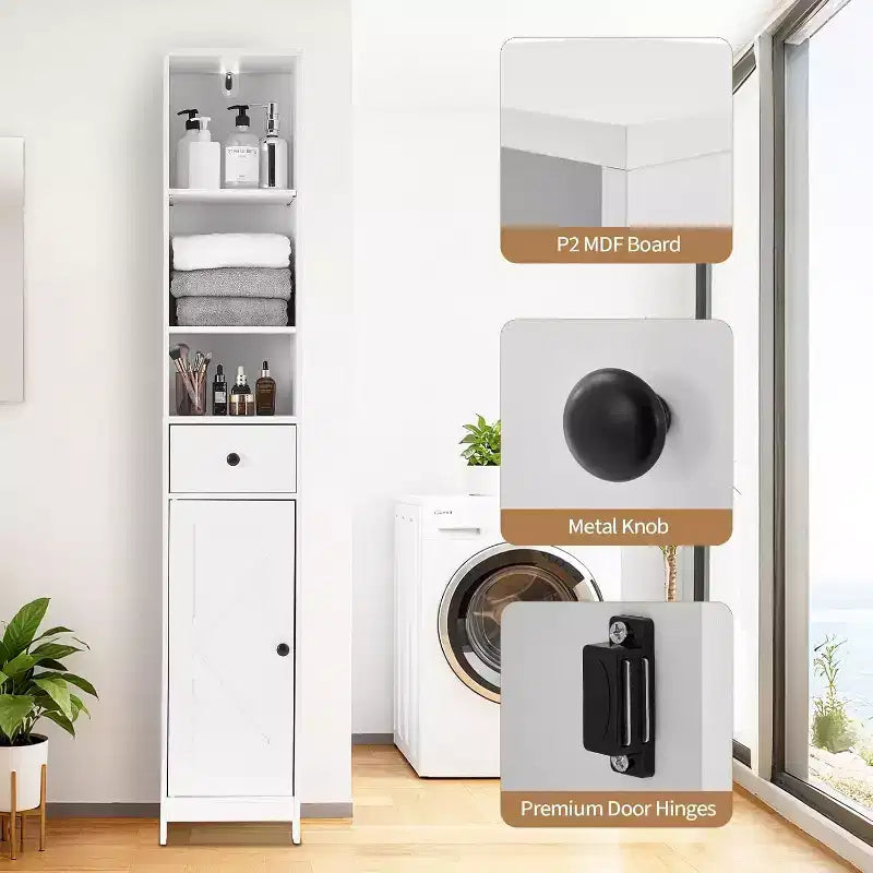 66 Tall Narrow Storage Cabinet with Adjustable Shelves & Drawer- Space Saving Freestanding Organizer for Bathroom, Kitchen, Entryway