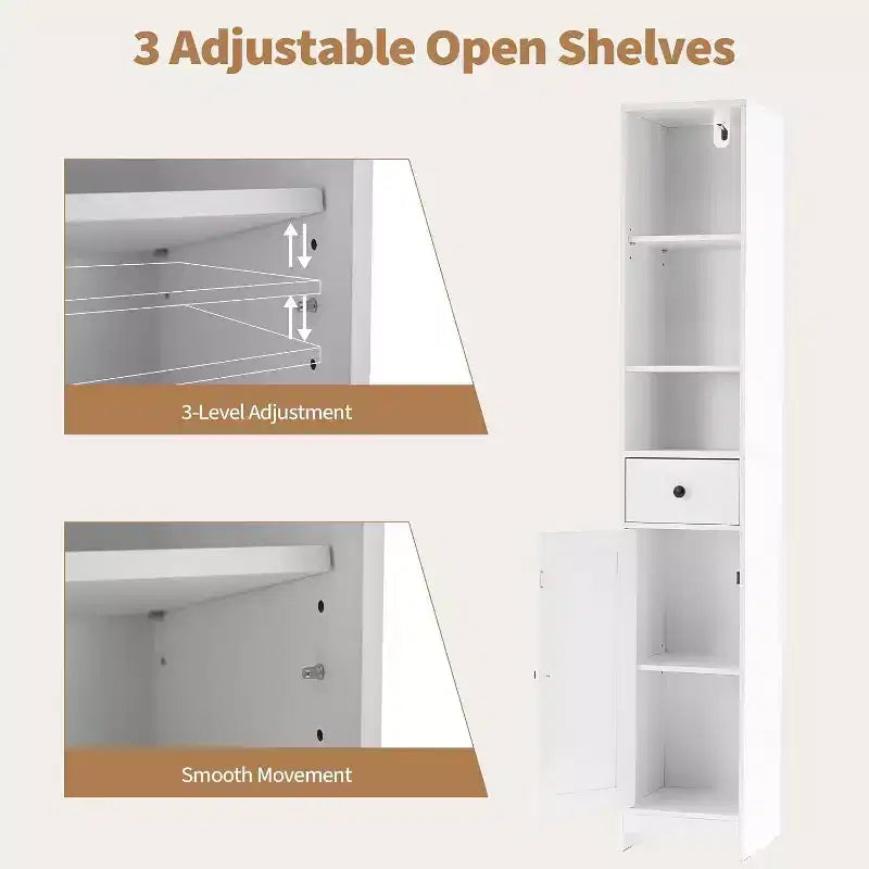 66 Tall Narrow Storage Cabinet with Adjustable Shelves & Drawer- Space Saving Freestanding Organizer for Bathroom, Kitchen, Entryway