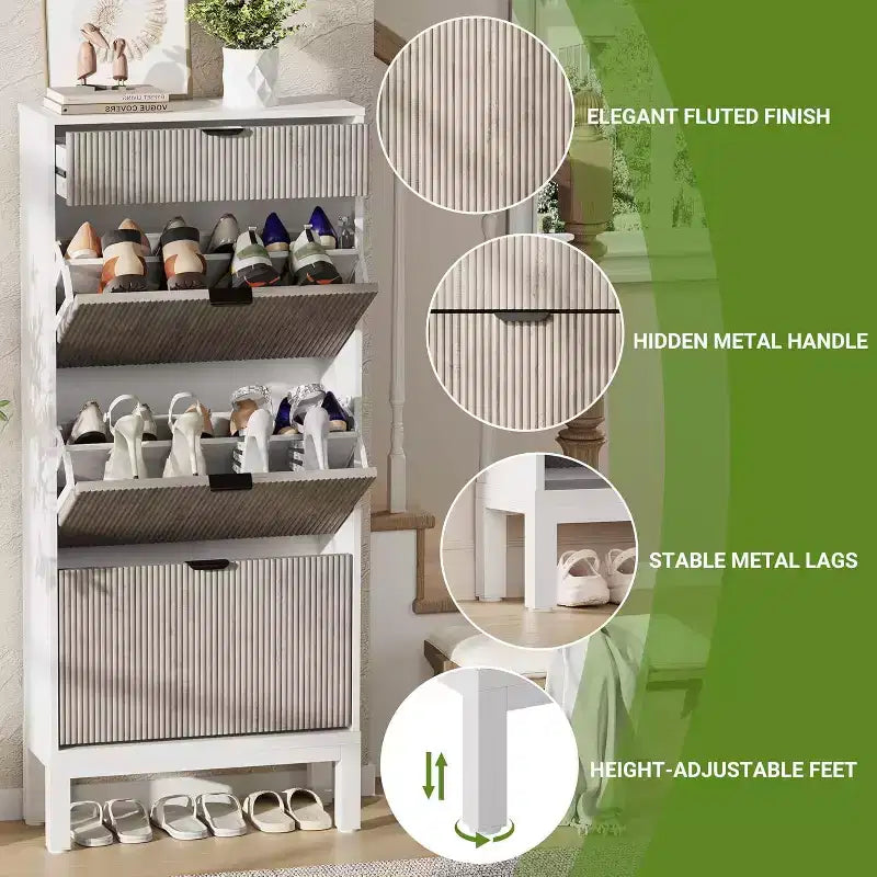 Wooden Shoe Storage Cabinet with 3 Flip Drawers, Farmhouse Fluted Shoe Rack with Iron Legs for Entryway, Sturdy Narrow Shoe Rack with Metal Legs
