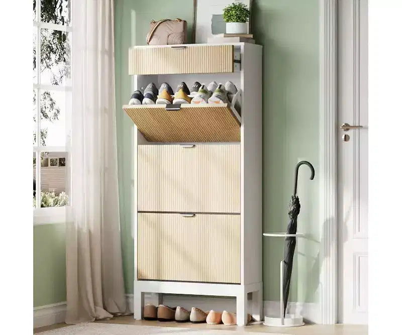 Wooden Shoe Storage Cabinet with 3 Flip Drawers, Farmhouse Fluted Shoe Rack with Iron Legs for Entryway, Sturdy Narrow Shoe Rack with Metal Legs