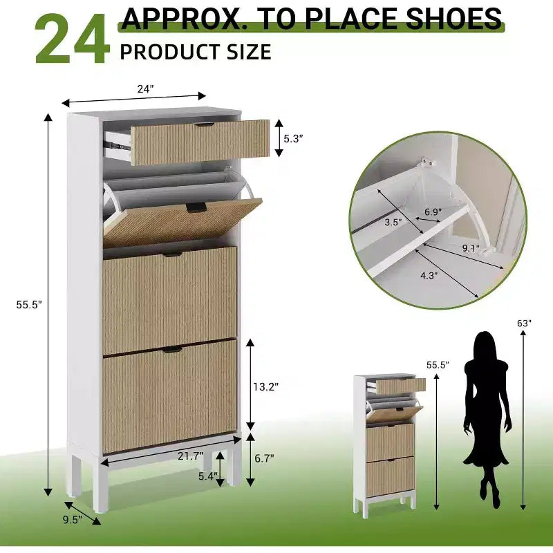 Wooden Shoe Storage Cabinet with 3 Flip Drawers, Farmhouse Fluted Shoe Rack with Iron Legs for Entryway, Sturdy Narrow Shoe Rack with Metal Legs