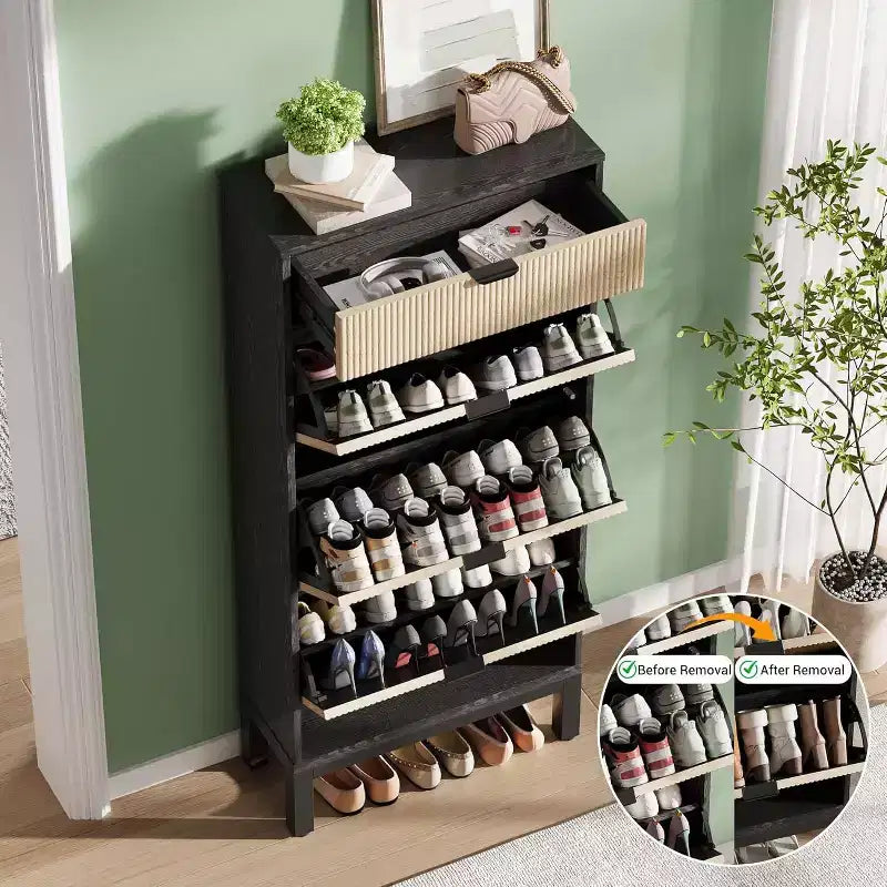 Wooden Shoe Storage Cabinet with 3 Flip Drawers, Farmhouse Fluted Shoe Rack with Iron Legs for Entryway, Sturdy Narrow Shoe Rack with Metal Legs