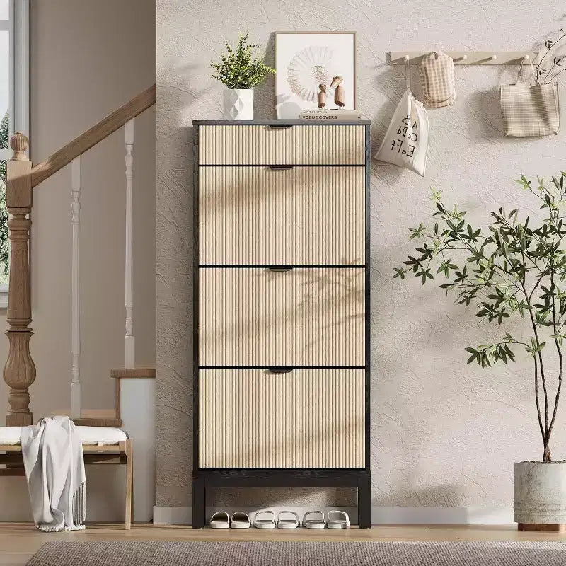 Wooden Shoe Storage Cabinet with 3 Flip Drawers, Farmhouse Fluted Shoe Rack with Iron Legs for Entryway, Sturdy Narrow Shoe Rack with Metal Legs