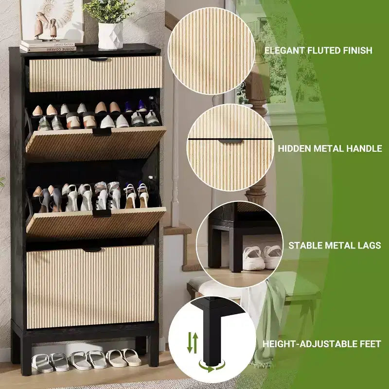 Wooden Shoe Storage Cabinet with 3 Flip Drawers, Farmhouse Fluted Shoe Rack with Iron Legs for Entryway, Sturdy Narrow Shoe Rack with Metal Legs