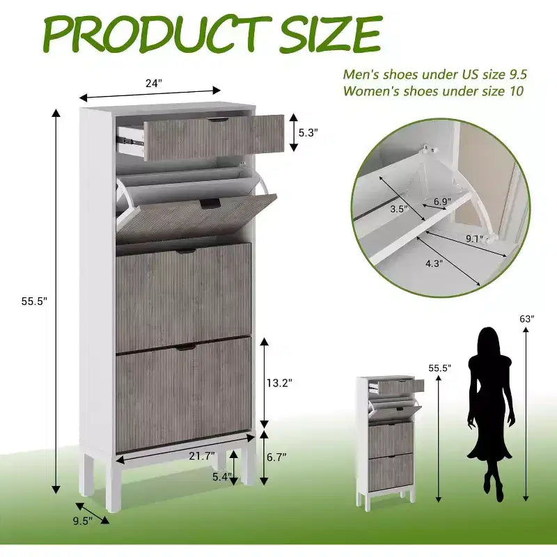 Wooden Shoe Storage Cabinet with 3 Flip Drawers, Farmhouse Fluted Shoe Rack with Iron Legs for Entryway, Sturdy Narrow Shoe Rack with Metal Legs