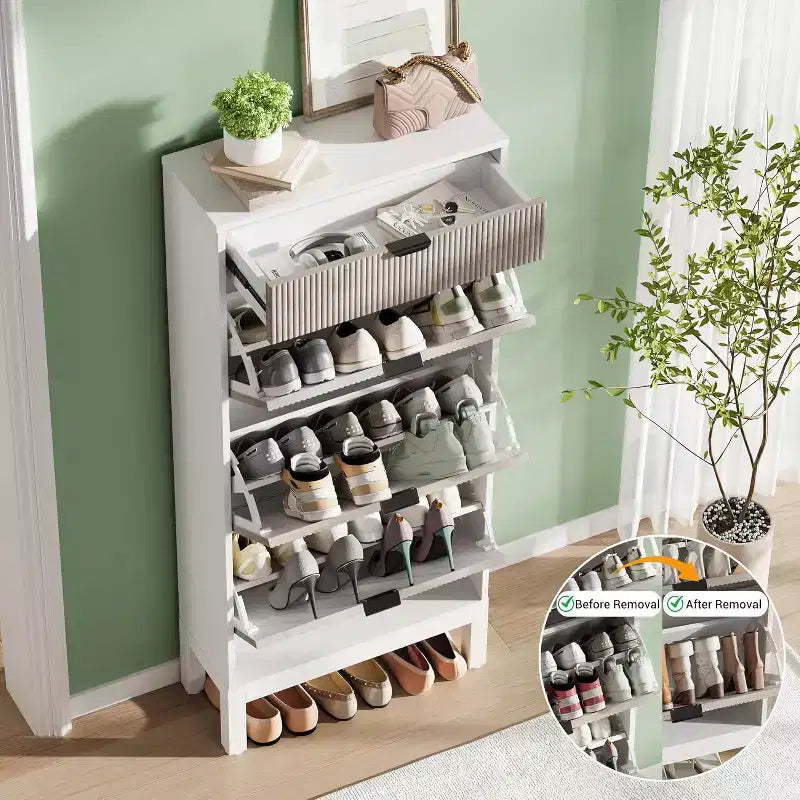 Wooden Shoe Storage Cabinet with 3 Flip Drawers, Farmhouse Fluted Shoe Rack with Iron Legs for Entryway, Sturdy Narrow Shoe Rack with Metal Legs