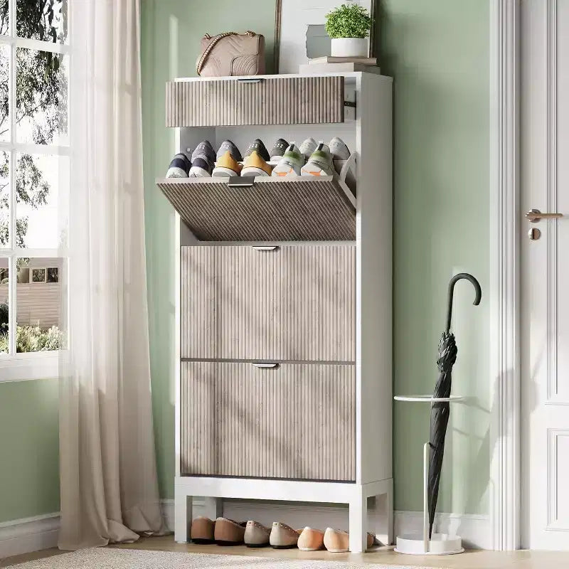 Meuble à chaussures en bois avec 3 tiroirs basculants, meuble à chaussures cannelé de style campagnard avec pieds en fer pour entrée, meuble à chaussures étroit et robuste avec pieds en métal