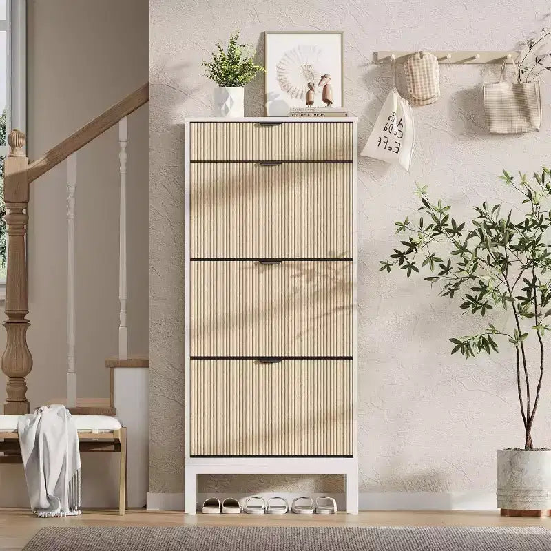 Meuble à chaussures en bois avec 3 tiroirs basculants, meuble à chaussures cannelé de style campagnard avec pieds en fer pour entrée, meuble à chaussures étroit et robuste avec pieds en métal