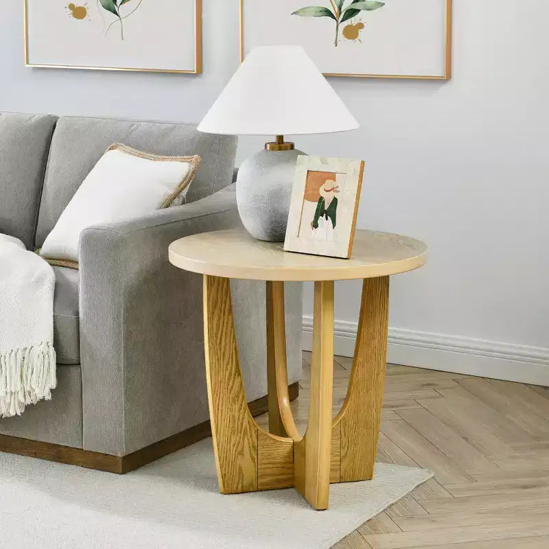 Farmhouse Wood End Table, 25 Round Coffee Table, X-Leg Support, Contemporary Nightstand for Small Spaces, Living Room, Bedroom, Oak