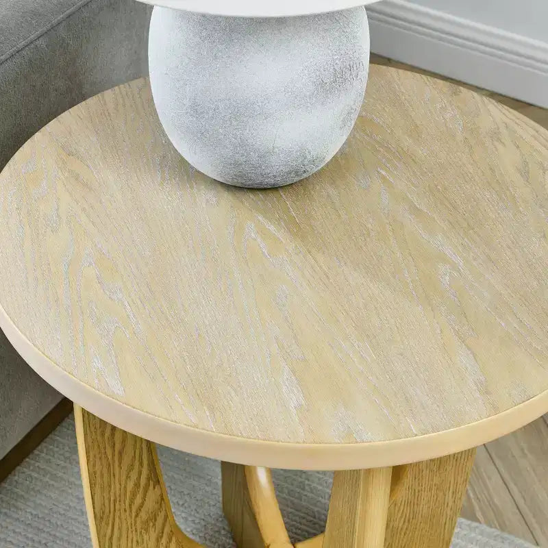 Farmhouse Wood End Table, 25 Round Coffee Table, X-Leg Support, Contemporary Nightstand for Small Spaces, Living Room, Bedroom, Oak