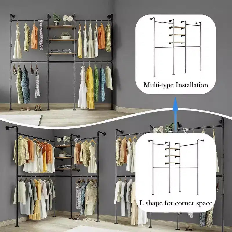 COZONY Industrial Pipe Clothes Rack w/ 3 Shelves & LED Light Bar,81 Garment Rack, Wall Mount / Free Standing, Walk-in Closet Organizer, Vintage Style